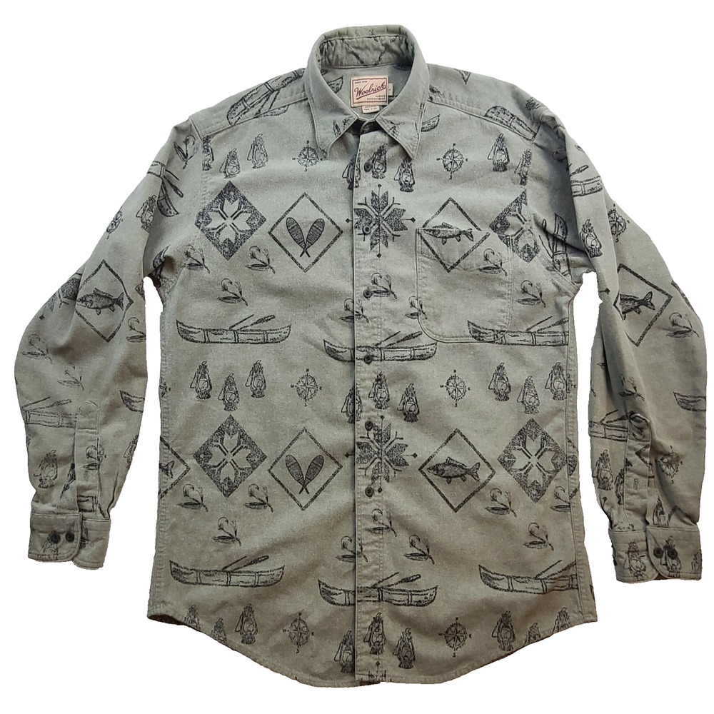Vintage Woolrich Shirt Mens Large Green Canoe Fish Print Button Up Cotton USA
